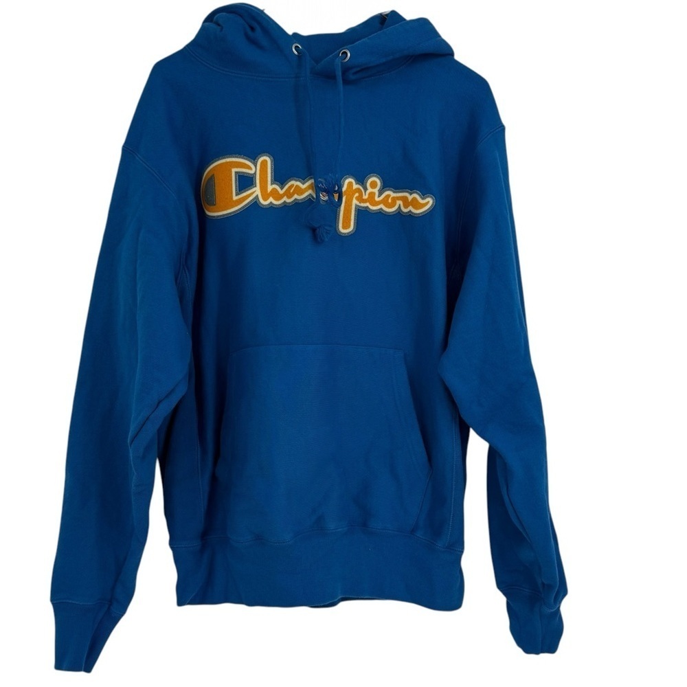 Champion Reverse Weave Size M Hoodie Sweatshirt Vintage Script Logo GF68 Blue